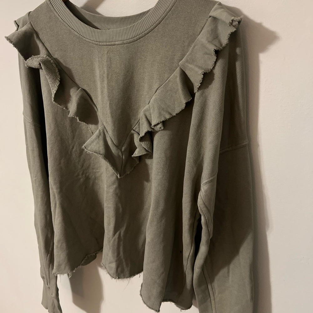 Free People Olive Sage Ruffle V-Neck Crew Sweatshirt - Picture 3 of 7